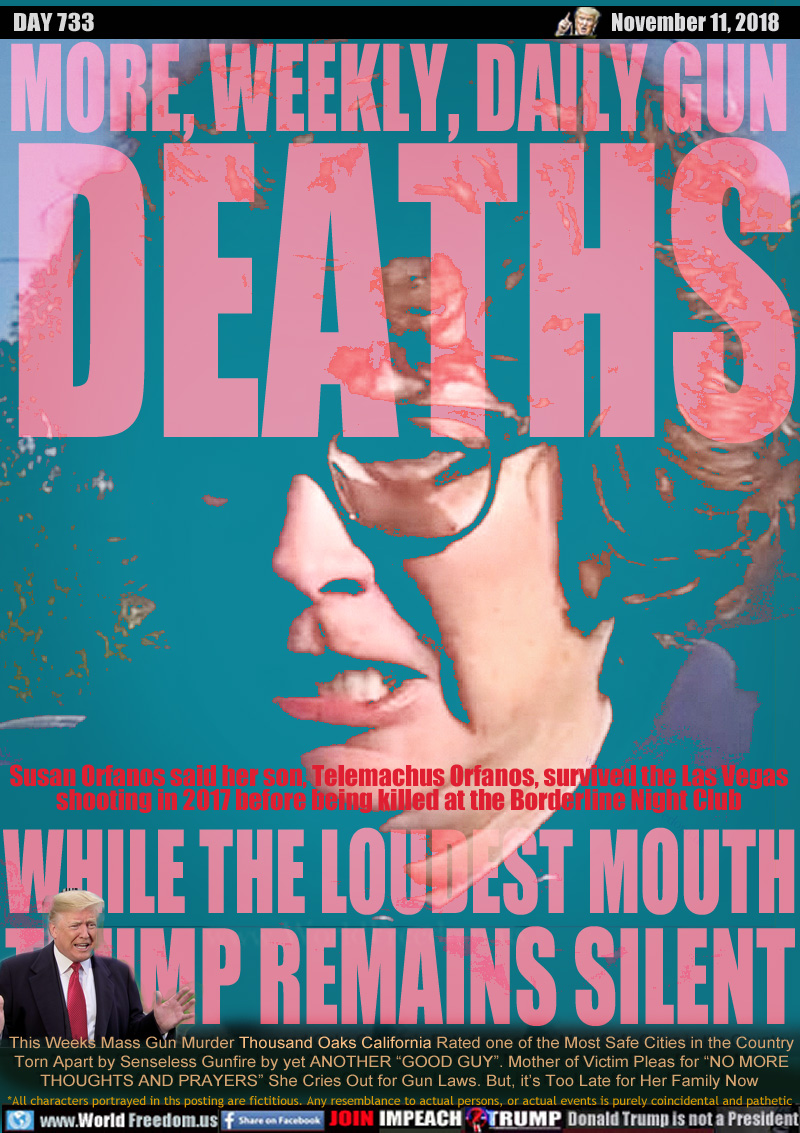MORE, WEEKLY, DAILY GUN
DEATHS WHILE THE LOUDEST MOUTH
TRUMP REMAINS SILENT

Susan Orfanos said her son, Telemachus Orfanos, survived the Las Vegas
shooting in 2017 before being killed at the Borderline Night Club

This Weeks Mass Gun Murder Thousand Oaks California Rated one of the Most Safe Cities in the Country
Torn Apart by Senseless Gunfire by yet ANOTHER “GOOD GUY”. Mother of Victim Pleas for “NO MORE
THOUGHTS AND PRAYERS” She Cries Out for Gun Laws. But, it’s Too Late for Her Family Now