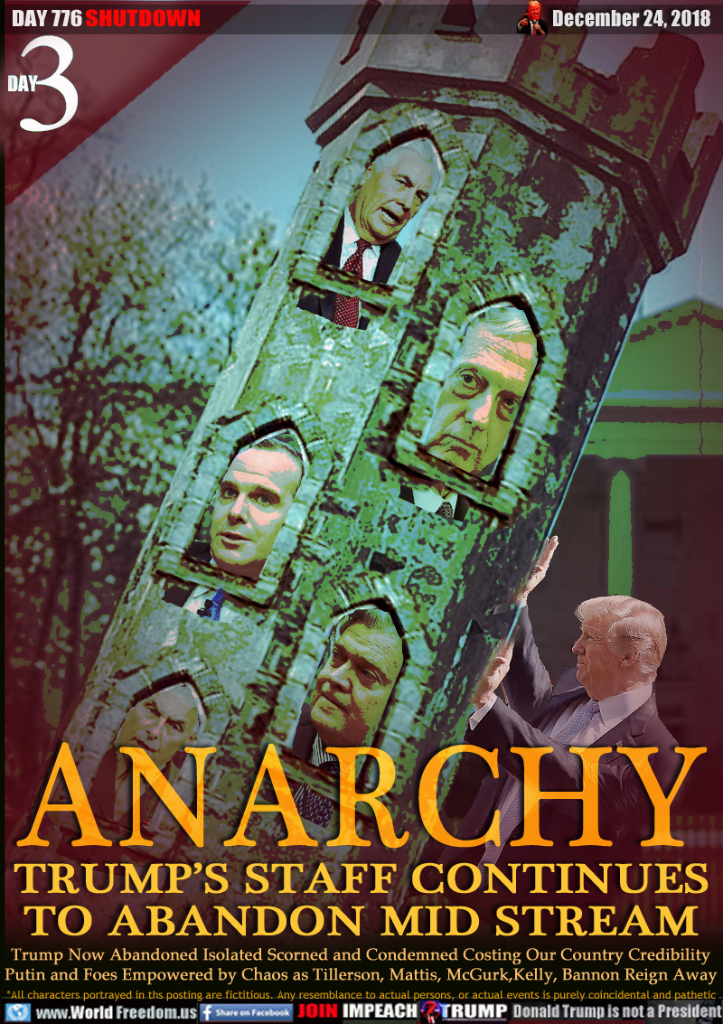 ANARCHY TRUMP’S STAFF CONTINUES
TO ABANDON MID STREAM

Trump Now Abandoned Isolated Scorned and Condemned Costing Our Country Credibility Putin and Foes Empowered by Chaos as Tillerson, Mattis, McGurk, Kelly, Bannon Reign Away
