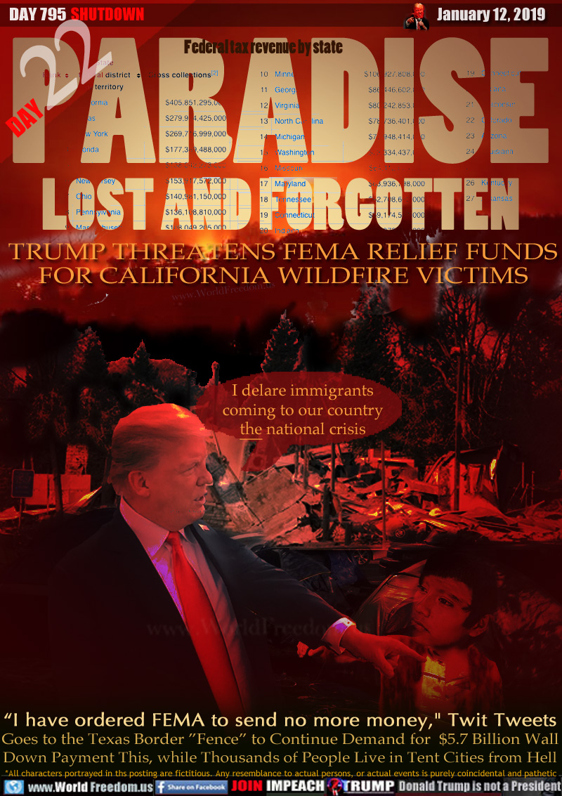 PARADISE
LOST AND FORGOTTEN

TRUMP THREATENS FEMA RELIEF FUNDS
FOR CALIFORNIA WILDFIRE VICTIMS

Trump grabbing Mexican child's arm 