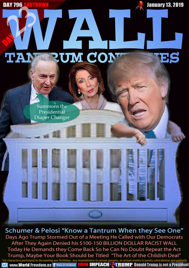 WALL
TANTRUM CONTINUES

Schumer & Pelosi “Know a Tantrum When they See One”
Days Ago Trump Stormed Out of a Meeting He Called with Our Democrats After They Again Denied his $100-150 BILLION DOLLAR RACIST WALL
Today He Demands they Come Back So he Can No Doubt Repeat the Act Trump, Maybe Your Book Should be Titled  “The Art of the Childish Deal”