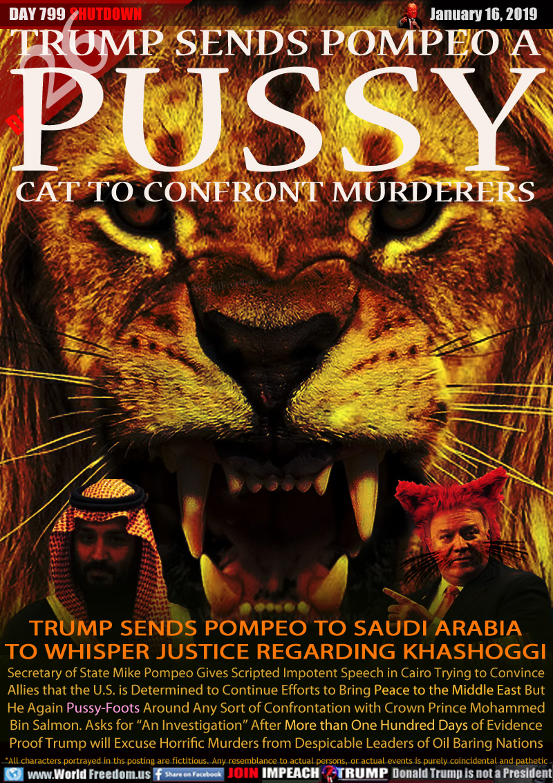 TRUMP SENDS POMPEO A
PUSSY
CAT TO CONFRONT MURDERERS

TRUMP SENDS POMPEO TO SAUDI ARABIA
TO WHISPER JUSTICE REGARDING KHASHOGGI

Secretary of State Mike Pompeo Gives Scripted Impotent Speech in Cairo Trying to Convince
Allies that the U.S. is Determined to Continue Efforts to Bring Peace to the Middle East But He Again Pussy-Foots Around Any Sort of Confrontation with Crown Prince Mohammed Bin Salmon. Asks for “An Investigation” After More than One Hundred Days of Evidence Proof Trump will Excuse Horrific Murders from Despicable Leaders of Oil Baring Nations