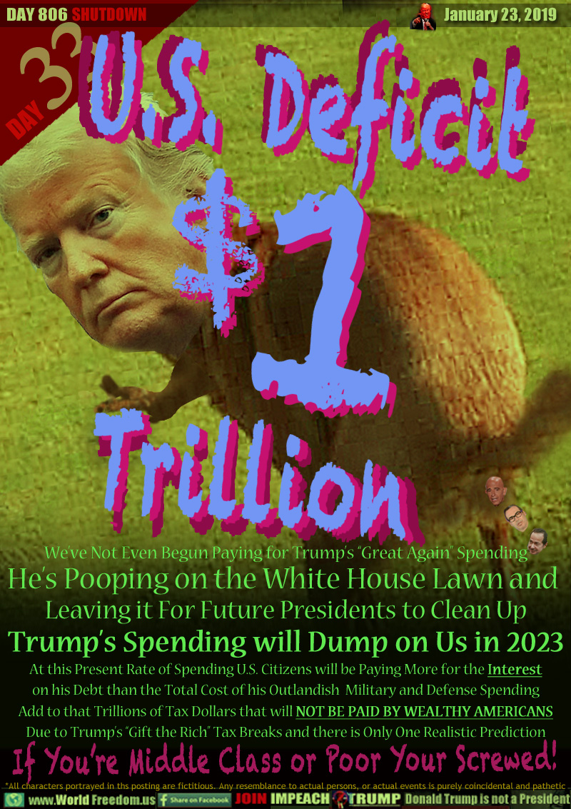 U.S. Deficit $1 Trillion 

We’ve Not Even Begun Paying for Trump’s “Great Again” Spending He’s Pooping on the White House Lawn and Leaving it For Future Presidents to Clean Up
Trump’s Spending will Dump on Us in 2023
At this Present Rate of Spending U.S. Citizens will be Paying More for the Interest on his Debt than the Total Cost of his Outlandish  Military and Defense Spending Add to that Trillions of Tax Dollars that will NOT BE PAID BY WEALTHY AMERICANS Due to Trump’s “Gift the Rich” Tax Breaks and there is Only One Realistic Prediction

If You’re Middle Class or Poor Your Screwed!
