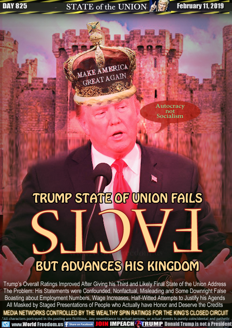 TRUMP STATE OF UNION FAILS
FACTS
BUT ADVANCES HIS KINGDOM

Trump’s Overall Ratings Improved After Giving his Third and Likely Final State of the Union Address
The Problem: His Statements were Confounded, Nonfactual, Misleading and Some Downright False
Boasting about Employment Numbers, Wage Increases, Half-Witted Attempts to Justify his Agendas
All Masked by Staged Presentations of People who Actually have Honor and Deserve the Credits

MEDIA NETWORKS CONTROLLED BY THE WEALTHY SPIN RATINGS FOR THE KING’S CLOSED CIRCUIT