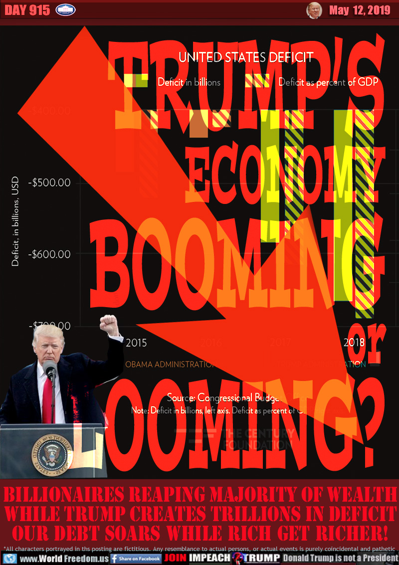 TRUMP’S
ECONOMY
BOOMING
or
LOOMING?

Background chart of U.S. deficit increasing from $500B at the end of Obama's administration to over $3.5 TRILLION by the end of Trump's 2nd year in office, 2018.

Billionaires Reaping Majority of Wealth
While Trump Creates TRILLIONS in Deficit
OUR DEBT SOARS WHILE RICH GET RICHER!