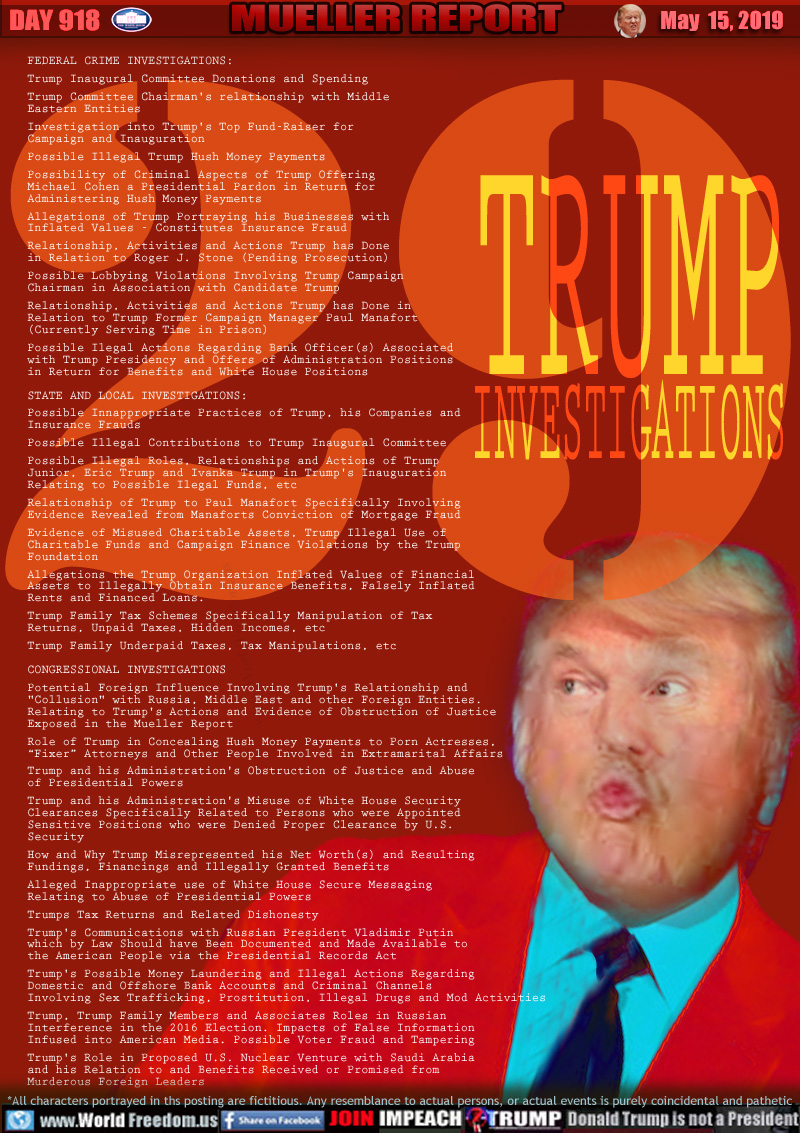 FEDERAL CRIME INVESTIGATIONS: 

Trump Inaugural Committee Donations and Spending

Trump Committee Chairman's relationship with Middle East

Investigation into Trump's Top Fund-Raiser for Campaign and Inauguration

Possible Illegal Trump Hush Money Payments

Possibility of Criminal Aspects of Trump Offering Michael Cohen a Presidential Pardon in Return for Administering Hush Money Payments

Allegations of Trump Portraying his Businesses with Inflated Values - Constitutes Insurance Fraud

Relationship, Activities and Actions Trump has Done in Relation to Roger J. Stone (Pending Prosecution)

Possible Lobbying Violations Involving Trump Campaign Chairman in Association with Candidate Trump

Relationship, Activities and Actions Trump has Done in Relation to Trump Former Campaign Manager Paul Manafort (Currently Serving Time in Prison)

Possible Ilegal Actions Regarding Bank Officer(s) Associated with Trump Presidency and Offers of Administration Positions in Return for Benefits and White House Positions


STATE AND LOCAL INVESTIGATIONS:

Possible Innappropriate Practices of Trump, his Companies and Insurance Frauds

Possible Illegal Contributions to Trump Inaugural Committee 

Possible Illegal Roles, Relationships and Actions of Trump Junior, Eric Trump and Ivanka Trump in Trump's Inauguration Relating to Possible Ilegal Funds, etc

Relationship of Trump to Paul Manafort Specifically Involving Facts Revealed from Manaforts Conviction of Mortgage Fraud

Evidence of Misused Charitable Assets, Trump Illegal Use of Charitable Funds and Campaign Finance Violations by the Trump Foundation

Allegations the Trump Organization Inflated Values of Financial Assets to Illegally Obtain Insurance Benefits, Falsely Inflated Rents and Financed Loans.

Trump Family Tax Schemes Specifically Manipulation of Tax Returns, Unpaid Taxes, Hidden Incomes, etc

Trump Family Underpaid Taxes


CONGRESSIONAL INVESTIGATIONS

Potential Foreign Influence Involving Trump's Relationship and 