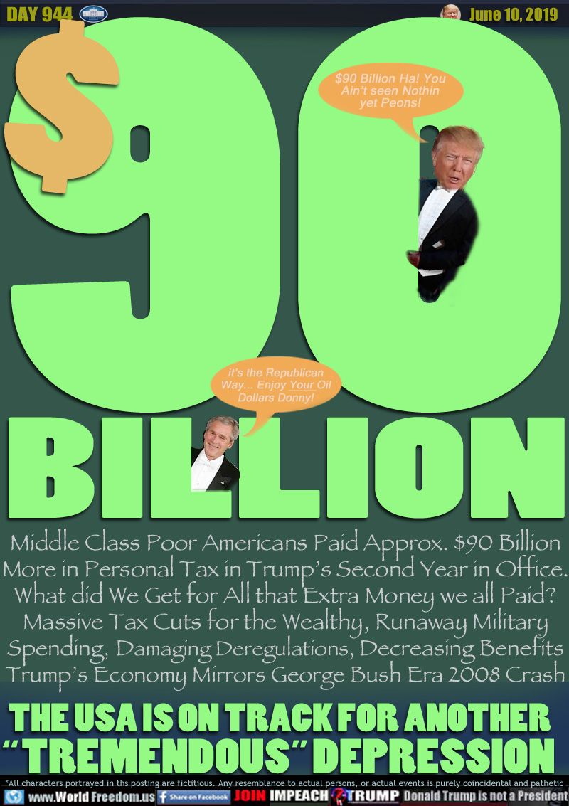 $90 BILLION

Middle Class Poor Americans Paid Approx. $90 Billion
More in Personal Tax in Trump’s Second Year in Office.
What did We Get for All that Extra Money we all Paid?
Massive Tax Cuts for the Wealthy, Runaway Military
Spending, Damaging Deregulations, Decreasing Benefits
Trump’s Economy Mirrors George Bush Era 2008 Crash

Lil Trump 